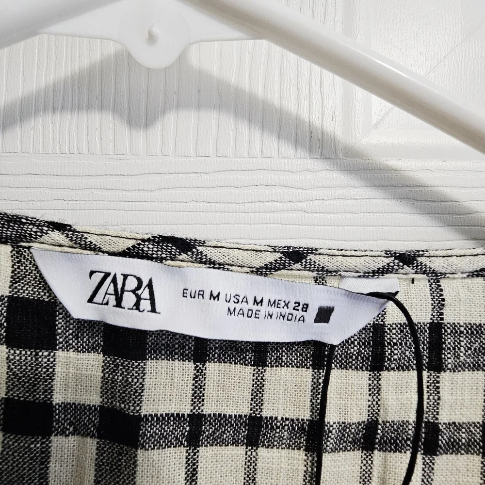 Zara Black and Cream Gingham Tie-Front Blouse